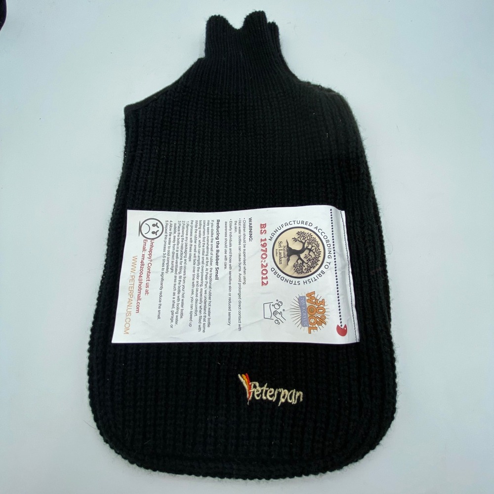 Peter Pan Hot Water Bottle‎ Cover Black Ribbed Knit Wool Blend Logo Cozy Cabin